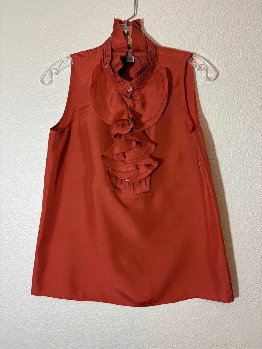 J. Crew Rust Red Ruffle-Front Sleeveless Top